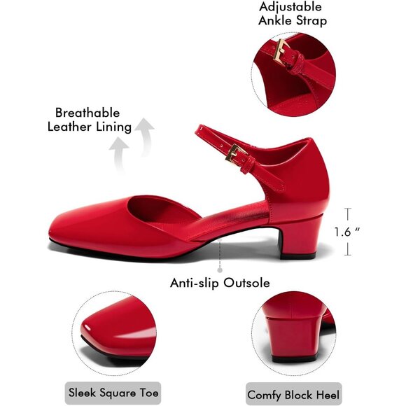 Women's Chunky Red Heels Ankle Strap Square Toe Dress Pumps Work Party Shoes - Picture 5 of 5